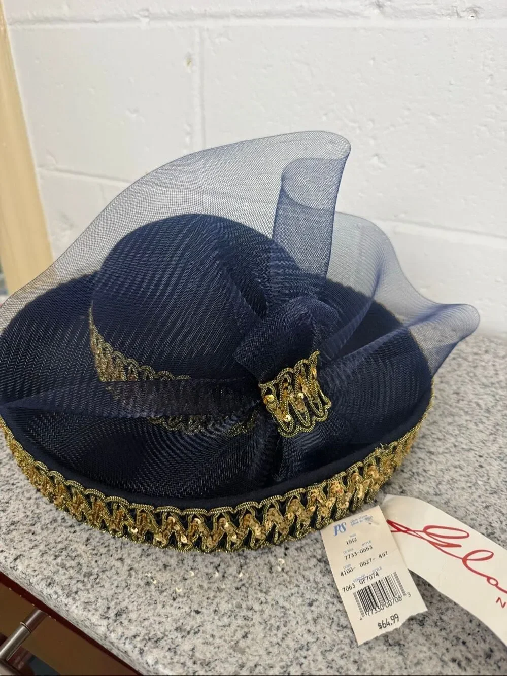 Glory NYC Women’s Navy Blue Gold Sequin Wide Brim Church Derby Wedding Hat NWT